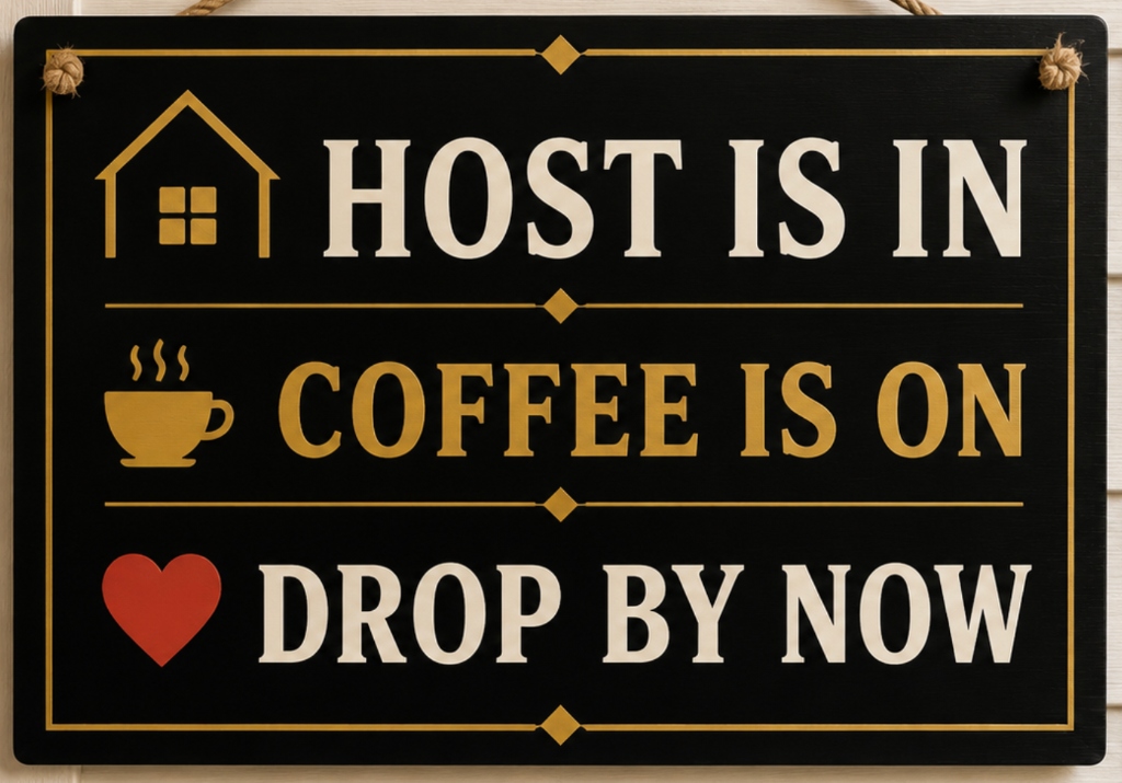 HOST IS IN, COFFEE IS ON, DROP BY NOW sign at Real Life House